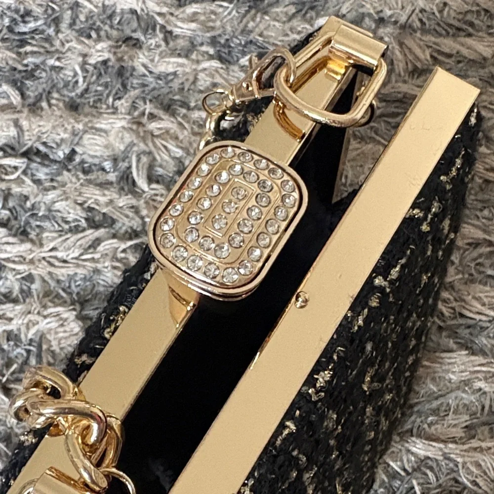 NWOT! Chic Black and Gold Tweed Clutch Gold Hardware with Crystals - Picture 5 of 7